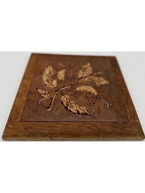 Vintage Wooden Italian Trivet With Chestnut Motif With Oak Frame